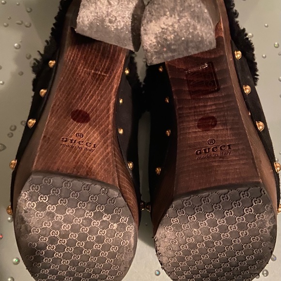 GUCCI Black Suede Leather Fur Lined Platform Stud Clogs Heels Size 37.5 - Picture 7 of 8
